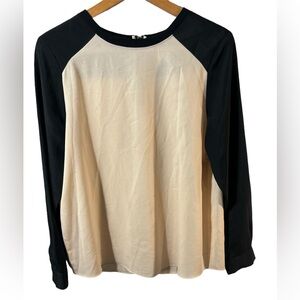 ANNE KLEIN Black and Cream Blouse Two Tone Long Sleeve Blouse Semi-sheer Med